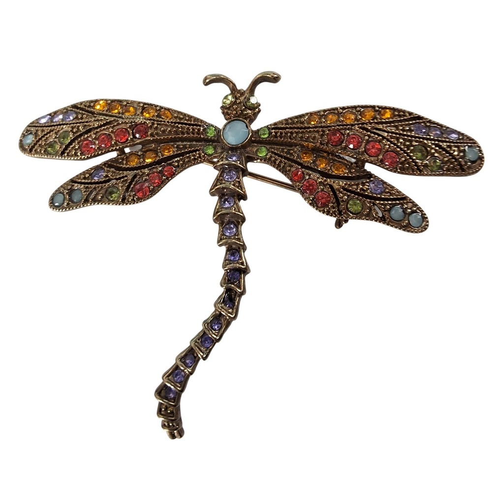 Vintage Bronze Tone Multi Color Rhinestone Dragonfly Brooch 3" Insect Pin